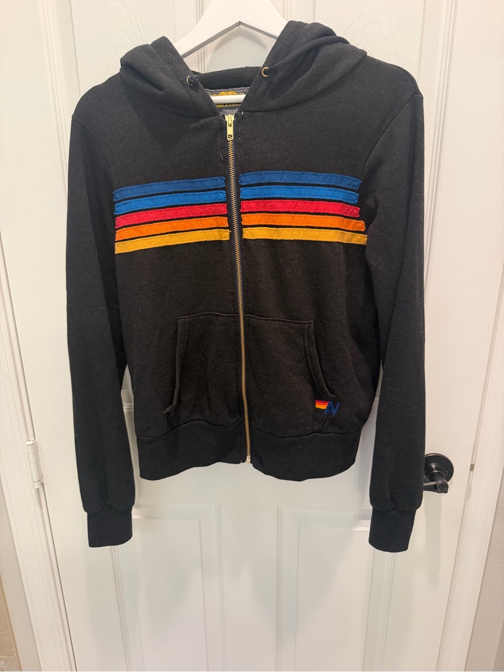 Aviator Nation Black Rainbow Stripe Full Zip Hoodie sweatshirt XS extra small